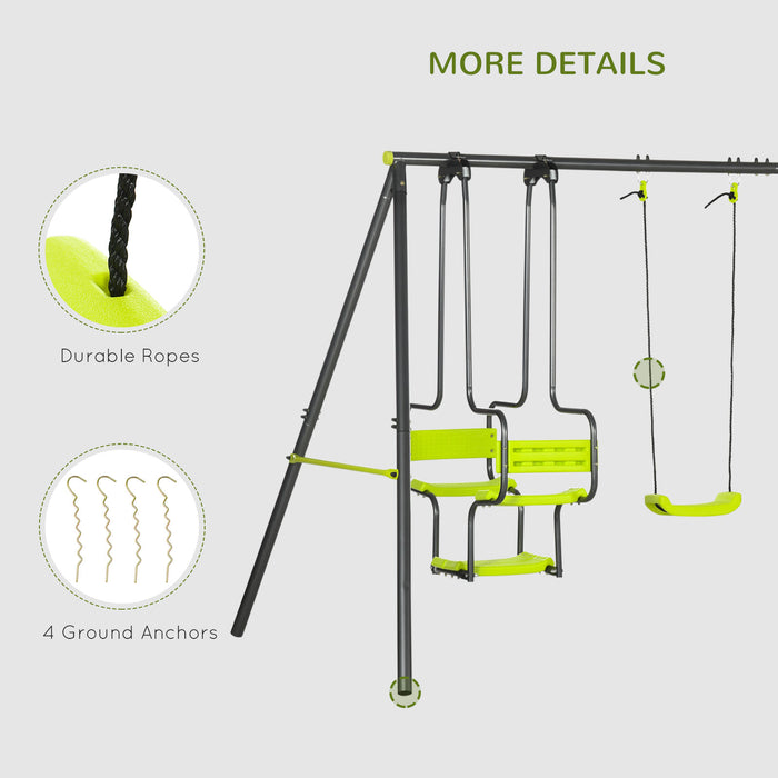 Deluxe Metal Garden Swing Set - Double Seat & Glider Swings with Sturdy Frame in Green - Outdoor Fun for Kids & Family