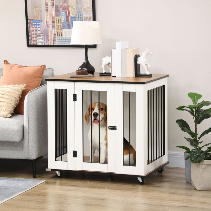 Dog Cage End Table with Wheels - Lockable Medium Dog Crate Furniture, 80x60x76.5cm, White - Stylish Pet Habitat for Home Convenience