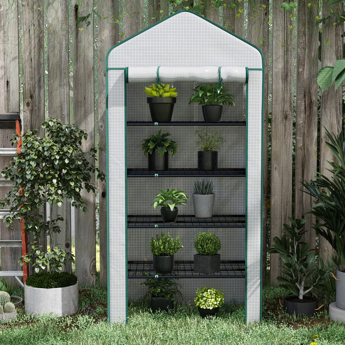 5 Tier Widened Mini Greenhouse with Sturdy PE Cover - Portable Gardening House with Roll-Up Zipper Door and Metal Wire Shelves - Ideal for Plant Protection and Growth, 193x90x49 cm, White