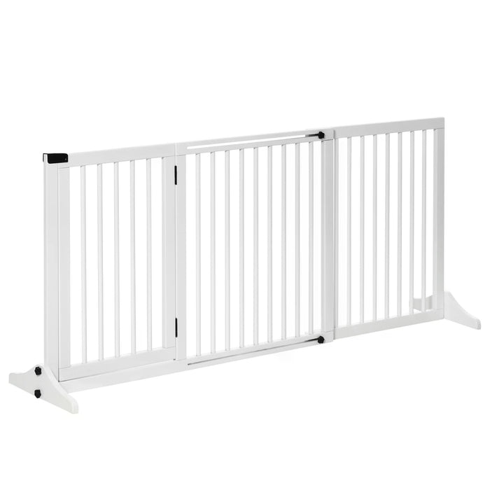 Freestanding Wooden Pet Gate with Lockable Door - 3-Panel Dog Barrier Fence for Doorways, Adjustable Safety Gate, White - Ideal for Keeping Pets Secure and Safe 71H x 113-166W cm