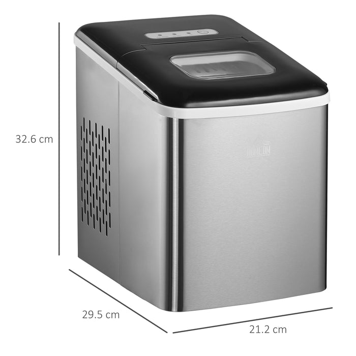 Counter Top Ice Cube Maker 12kg/24Hrs - 1.8L Capacity with Self-Cleaning, Scoop & Basket - Perfect for Home Stainless Steel Black Design