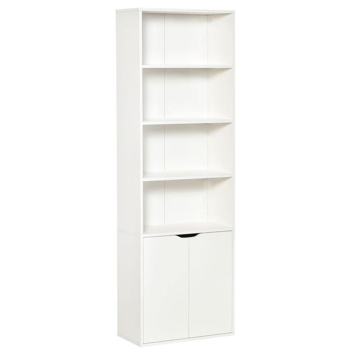 Modern White 2-Door Tall Bookcase with 4 Shelves - Contemporary Storage Cupboard and Display Unit for Living Room, Study, and Bedroom - Ideal Organizational Furniture for Home or Office