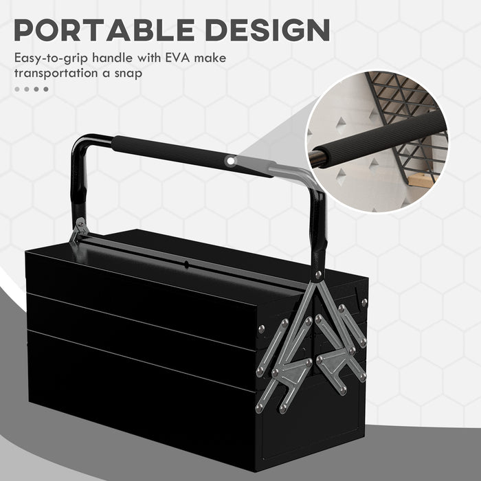 3 Tier Metal Toolbox with 5 Trays - Robust Portable Storage for Tools with Comfortable Carry Handle, 45x22.5x34.5cm - Ideal for Workshop Organization and Mobility