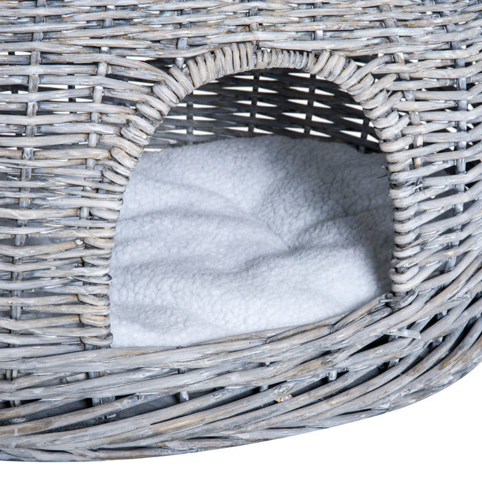 Elevated 2-Tier Wicker Cat House - Willow Basket Kitten Condo with Washable Cushions, Grey - Cozy Pet Retreat for Cats and Small Pets