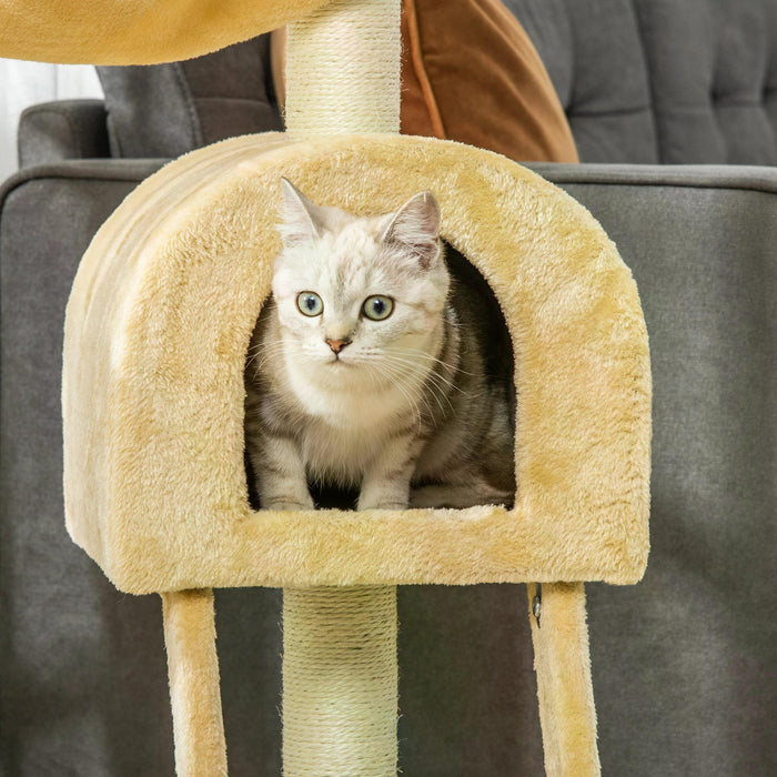 Cat Tree Tower Kitten Activity Centre - Scratching Post, Hammock, Condo Bed, Basket, and Ladder - 98 cm Beige Playhouse for Cats