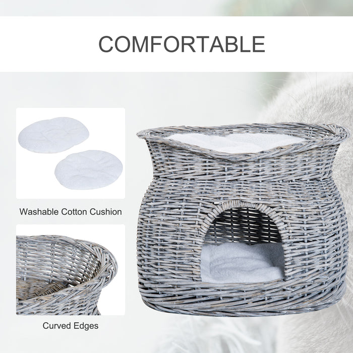Elevated 2-Tier Wicker Cat House - Willow Basket Kitten Condo with Washable Cushions, Grey - Cozy Pet Retreat for Cats and Small Pets