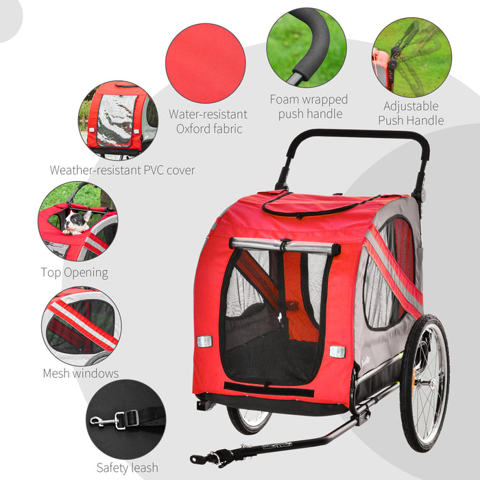 2-in-1 Dog Bike Trailer and Pet Stroller - Reinforced Steel Frame Bicycle Carrier with Universal Wheel, Reflectors & Safety Flag - Red Travel Cart for Small to Medium Pets
