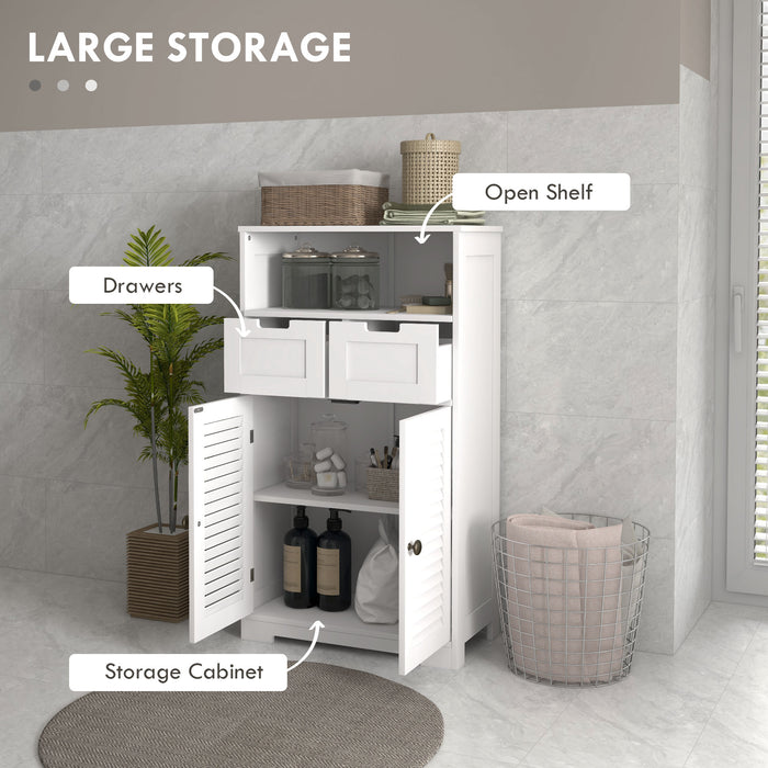 Bathroom Floor Cabinet with Stylish Louvred Doors - Ample Storage with Drawers and Open Shelf - Space-Saving Organizer for Linens and Toiletries