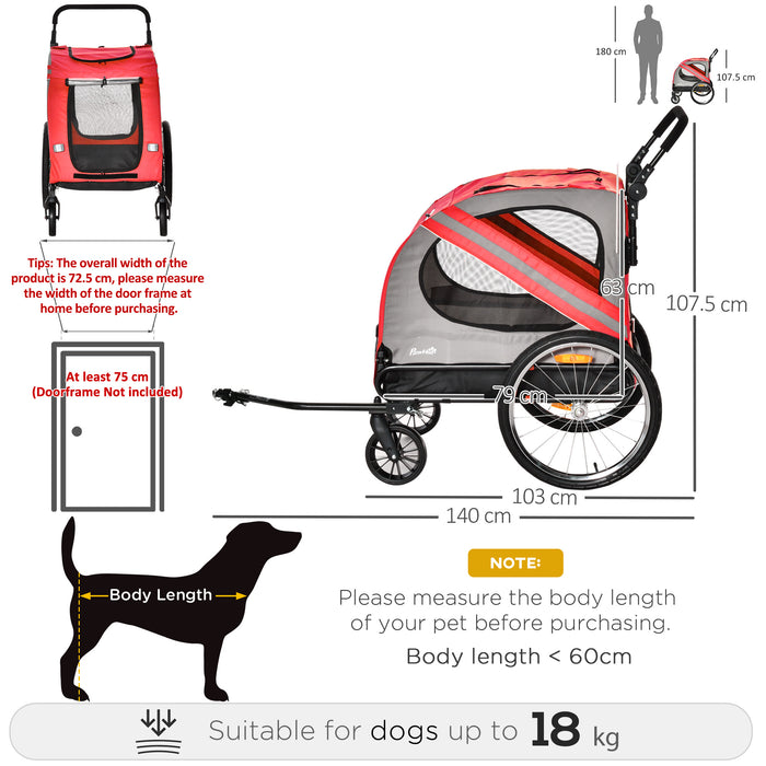 2-in-1 Dog Bike Trailer and Pet Stroller - Reinforced Steel Frame Bicycle Carrier with Universal Wheel, Reflectors & Safety Flag - Red Travel Cart for Small to Medium Pets