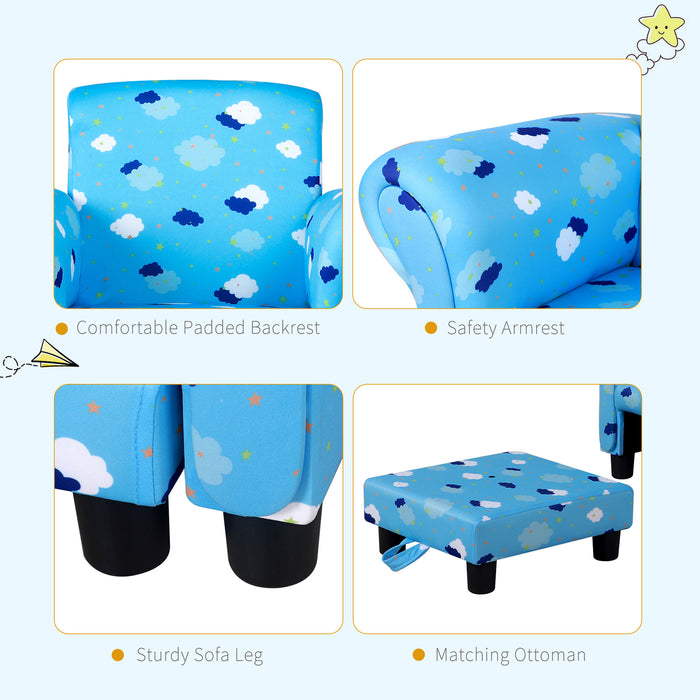 Kids' Mini Couch with Footrest - Sturdy Wooden Frame & Anti-Slip Legs, High Back, Armrests - Adorable Cloud and Star Design for Bedroom or Playroom