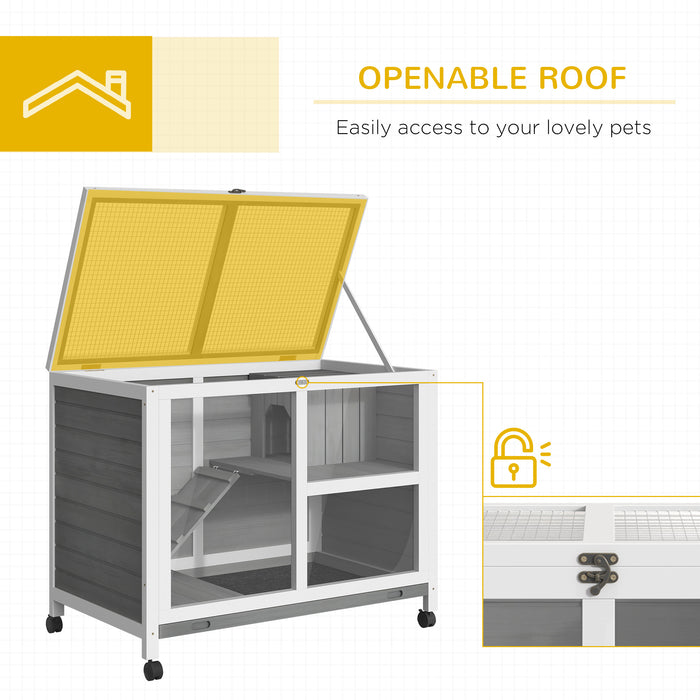 Wooden Pet Habitat - Rabbit & Guinea Pig Hutch with Pull-Out Cleaning Tray, Opening Roof, and Wheels - Ideal for Small Animals Comfort & Easy Mobility