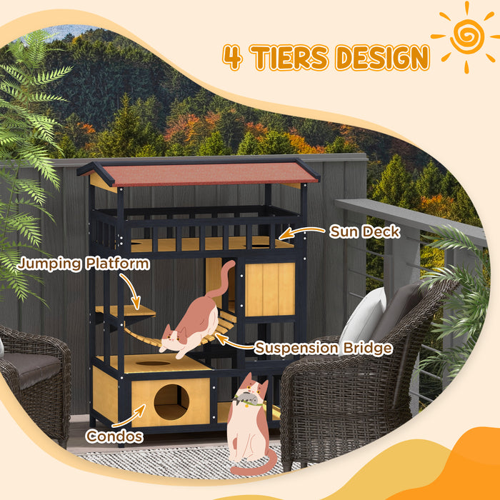 Four-Tier Wooden Outdoor Cat Shelter - Sturdy Feral Cat House with Suspension Bridge, Balcony, and Escape Doors - Perfect Haven for Outdoor or Stray Cats