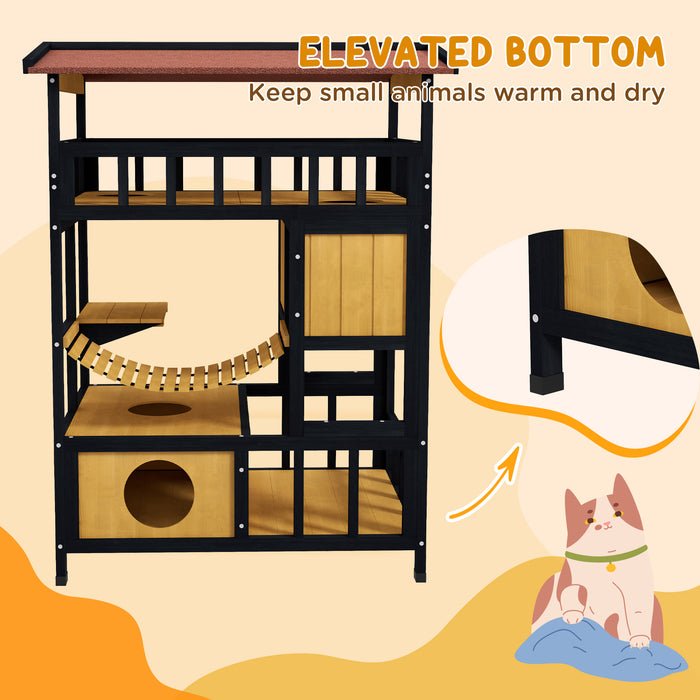 Four-Tier Wooden Outdoor Cat Shelter - Sturdy Feral Cat House with Suspension Bridge, Balcony, and Escape Doors - Perfect Haven for Outdoor or Stray Cats