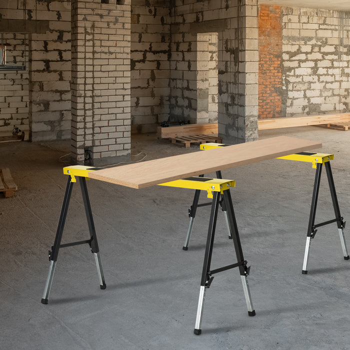 Folding Metal Saw Horse Twin Pack - Adjustable Workbench Trestle Stands with EVA Surface, 100kg Max Load - Ideal for Sawing and Woodworking Tasks