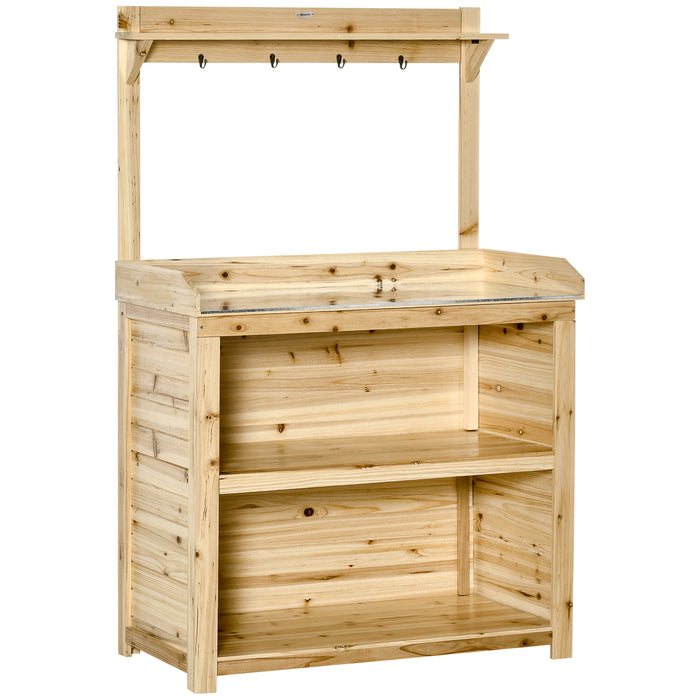 Wooden Garden Potting Bench - Galvanized Metal Workstation with Storage Shelves & Hooks - Ideal for Gardeners & Outdoor Planting