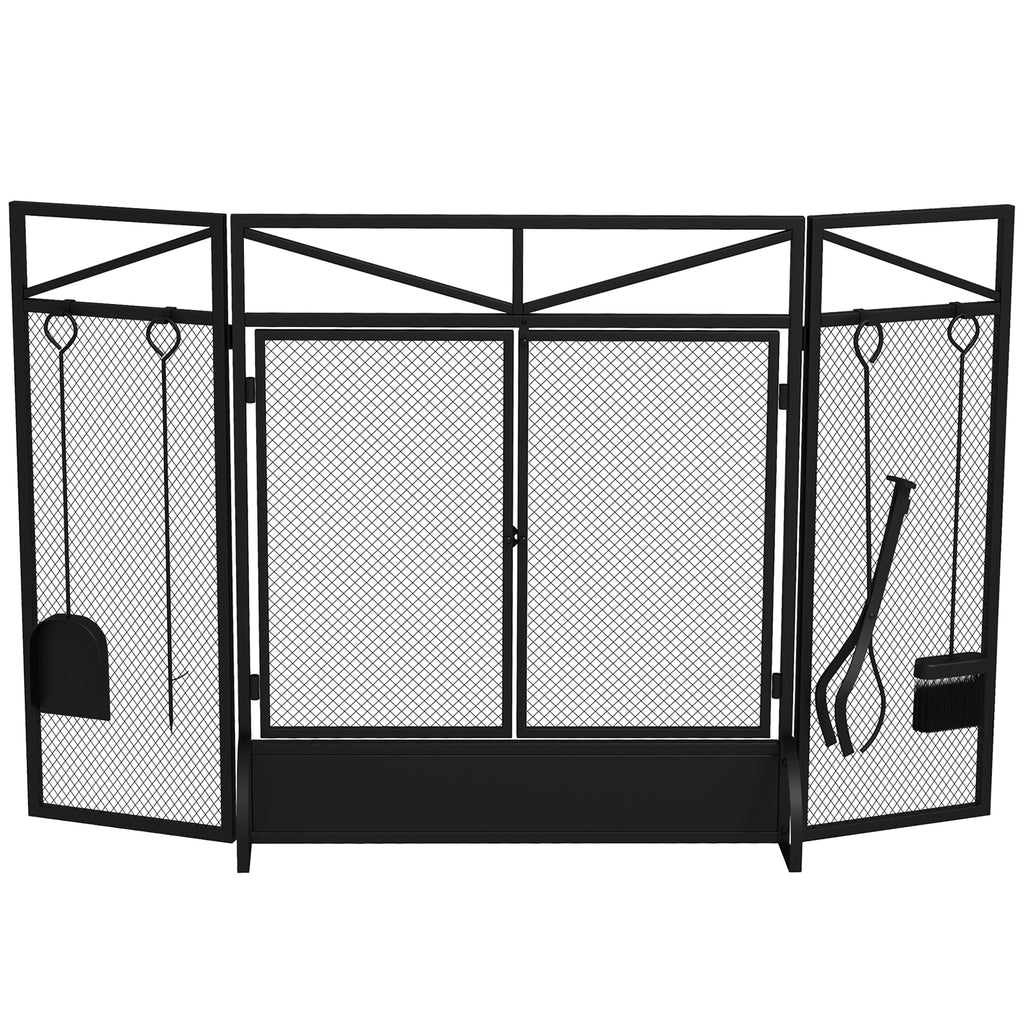 3 Panel Folding Fire Guard - Freestanding Spark Screen with Fireplace Tool Set and Front Doors - Safety Barrier for Home Fireplaces