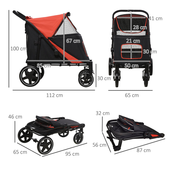 Red Pet Stroller with Shock Absorbing Universal Wheels - One-Click Folding Cat & Dog Carriage, Breathable Mesh Window, Brakes & Storage - Convenient Pet Travel & Comfort