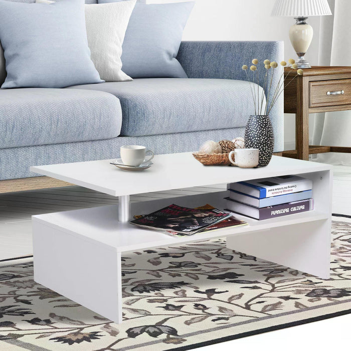 Modern 2-Tier Rectangular Coffee Table - White Finish with Open Storage Shelf - Ideal for Living Room, Entryway, or Hallway