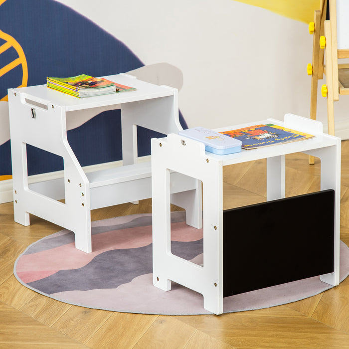 2-in-1 Kids Step Stool & Toddler Table/Chair Set - Kitchen Helper with Safety Rail and Chalkboard - Perfect for Little Helpers & Creative Play
