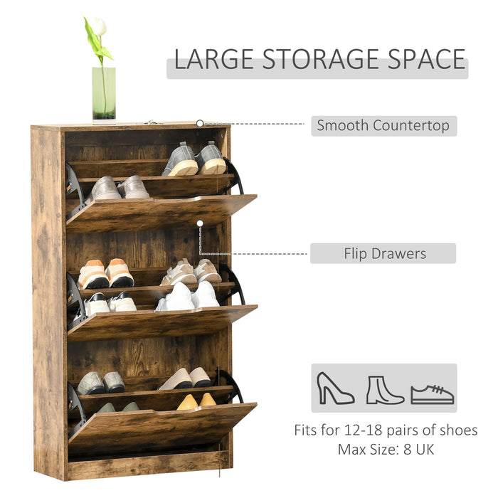 Storage Rack with Open Shelf - 3-Flip Door Shoe Cabinet, Internal Dividers, 12-18 Pair Capacity - Space-Saving Organizer for Footwear, Rustic Brown Design