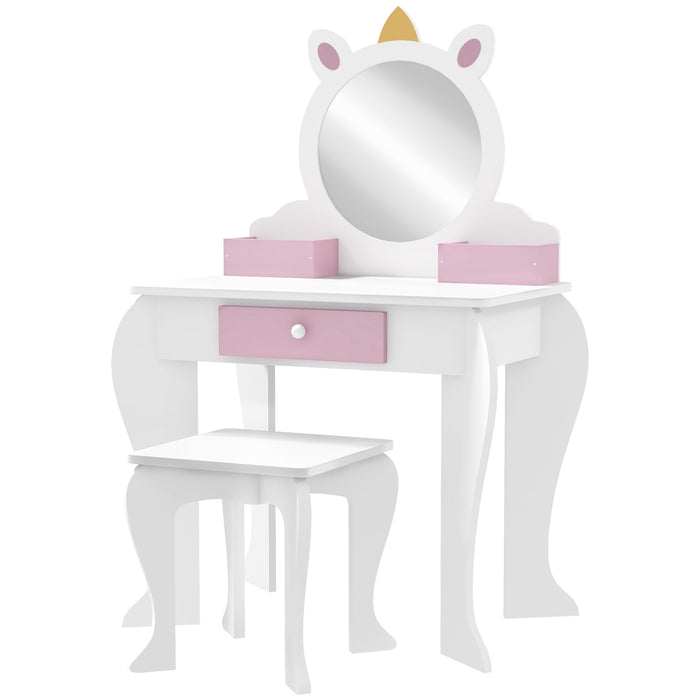 Unicorn-Design Vanity Set for Children - Dressing Table with Mirror and Matching Stool - Perfect for Kids' Bedroom Decor and Playtime