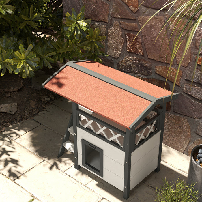 Outdoor Cat Shelter with Balcony and Stairs - Weatherproof Wooden Design, Rooftop, 77 x 50 x 73 cm, White - Ideal for Feline Outdoor Safety and Comfort