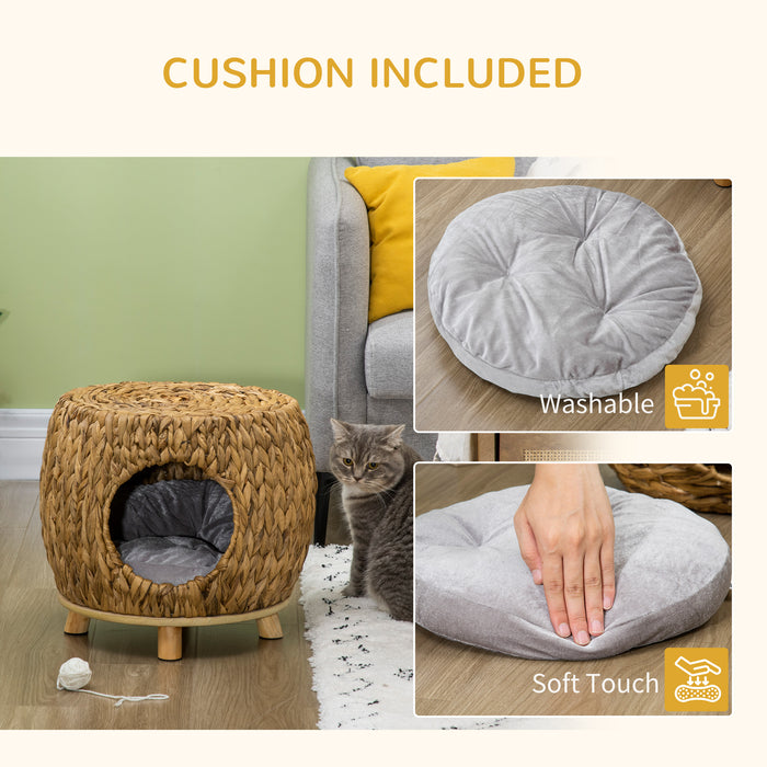 Rattan Kitten Bed Stool - Wicker Cat Cave with Soft Washable Cushion for Cozy Naps - Perfect for Outdoor & Indoor Pet Relaxation, 44x43x41cm