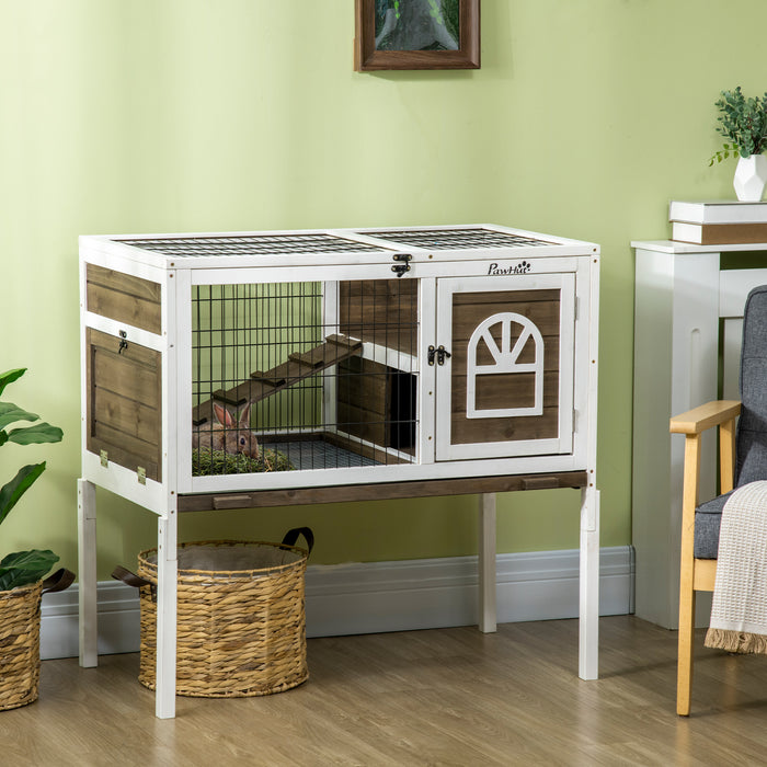 Elevated Wooden Hutch for Rabbits and Guinea Pigs - Roof-Opening Design, Ladder, Slide-out Tray, 90x53x87cm in Coffee Brown - Ideal Small Animal Shelter for Easy Cleaning & Comfort