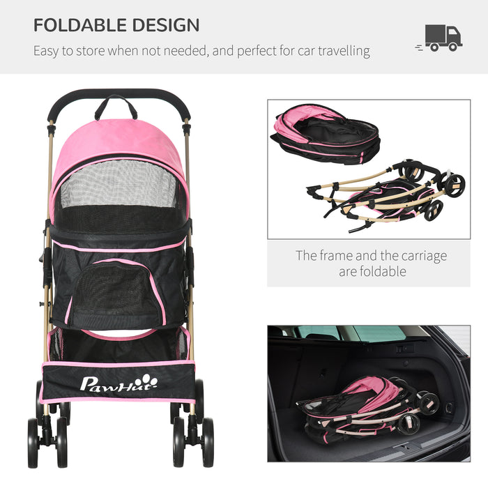 3-In-1 Detachable Pet Stroller - Dog and Cat Travel Carriage with Foldable Design, Universal Wheel Brake, Canopy, and Storage Basket - Ideal for Pet Transportation in Pink