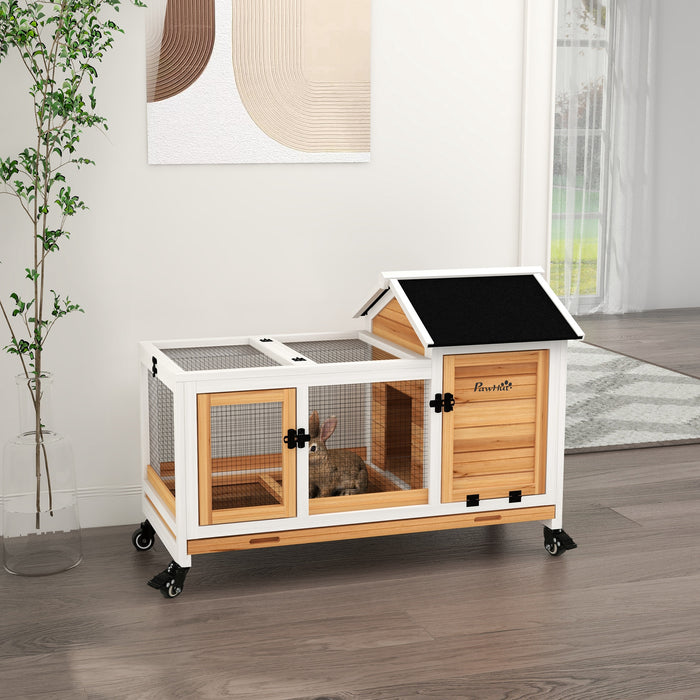 Wooden Rabbit Hutch with Wheels - Durable Guinea Pig Cage & Small Pet Home with Removable Tray - Easy Cleaning & Mobility in Bright Yellow