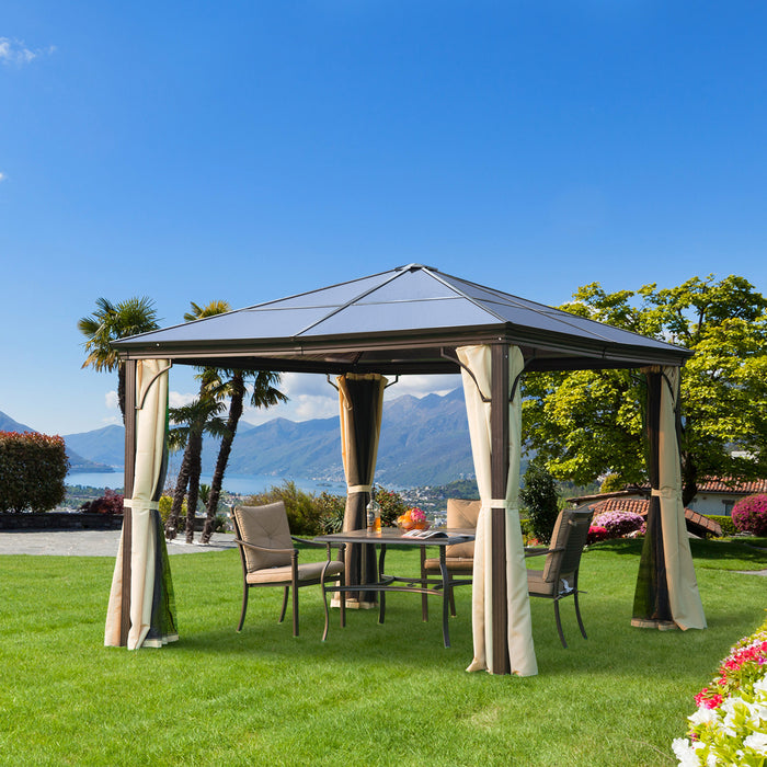 Hardtop Gazebo Canopy 3x3m with Polycarbonate Roof - Aluminium Frame Garden Pavilion, Mosquito Netting & Curtains, Brown - Ideal Outdoor Shelter for Entertainment & Relaxation