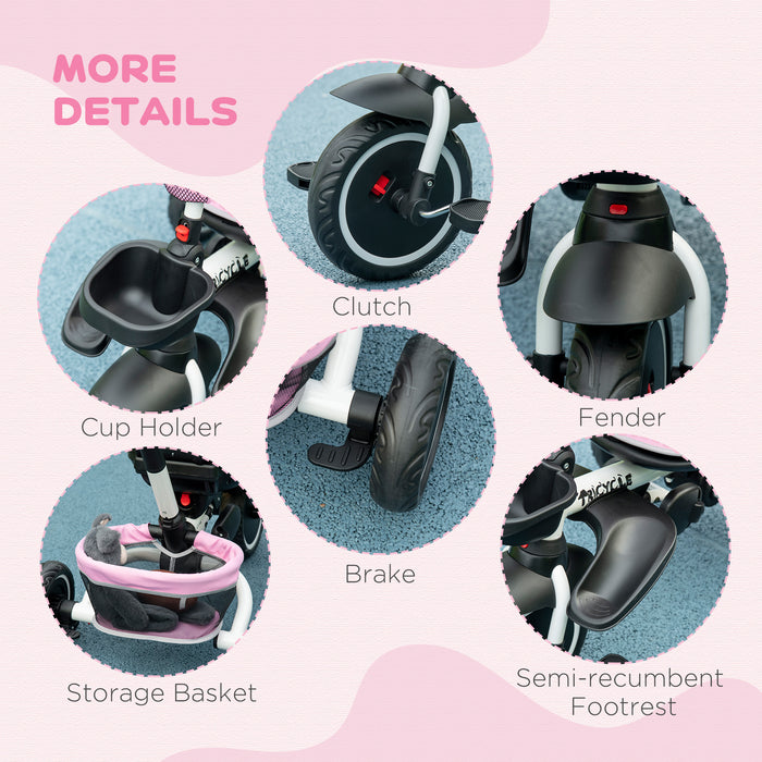 7-in-1 Convertible Kids Tricycle - Rotatable Seat, Safety Harness, Adjustable Push Handle, Detachable Canopy - Versatile Trike for Toddlers with Semi-Reclining Footrest in Pink