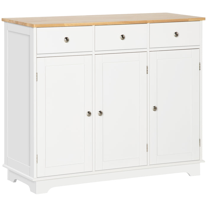 Modern Rubberwood-Topped Sideboard - Buffet Cabinet with Drawers and Adjustable Storage Shelves - Ideal for Living Room and Kitchen Organization