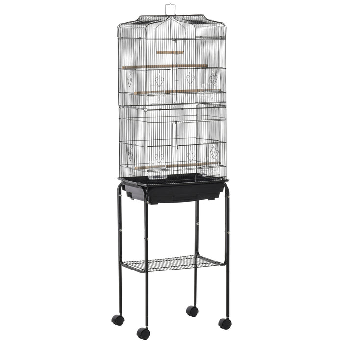 Bird Cage with Stand - Wheeled Finch, Canary, and Parakeet Habitat with Slide-Out Tray - Includes Storage Shelf, Ideal for Bird Lovers and Pet Safety