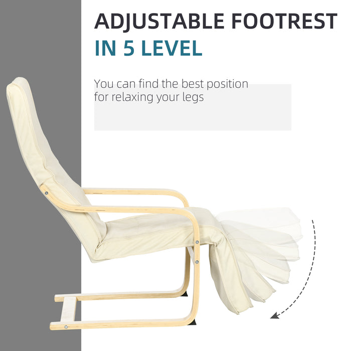 Wooden Lounging Chair with Adjustable Footrest - Cream White Relaxing Recliner with Removable Cushion - Ideal for Deck Lounging and Outdoor Comfort
